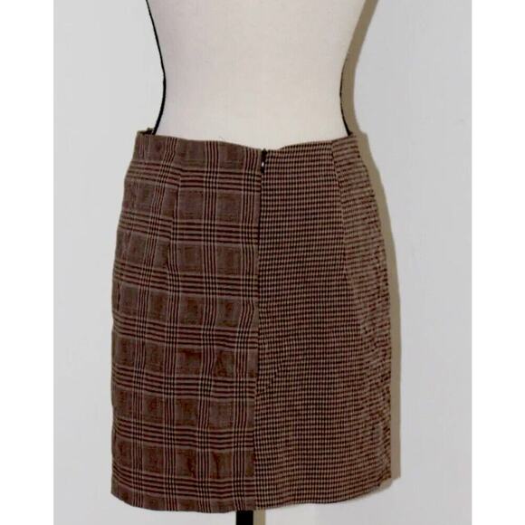 Mango Brown Plaid Checkerboard Mix Fabric Side Ruffle ALine Back Zip Skirt Med - Picture 2 of 11